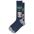 A pair of navy blue crew socks with gray heels and toes, featuring a graphic of a whiskey glass with a sinking putts flag and the text 'SINKING PUTTS' in green.