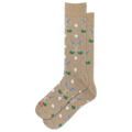 A pair of beige crew socks with a golf-themed pattern of crossed green and blue clubs, white golf balls, and green tees, shown on a plain white background.