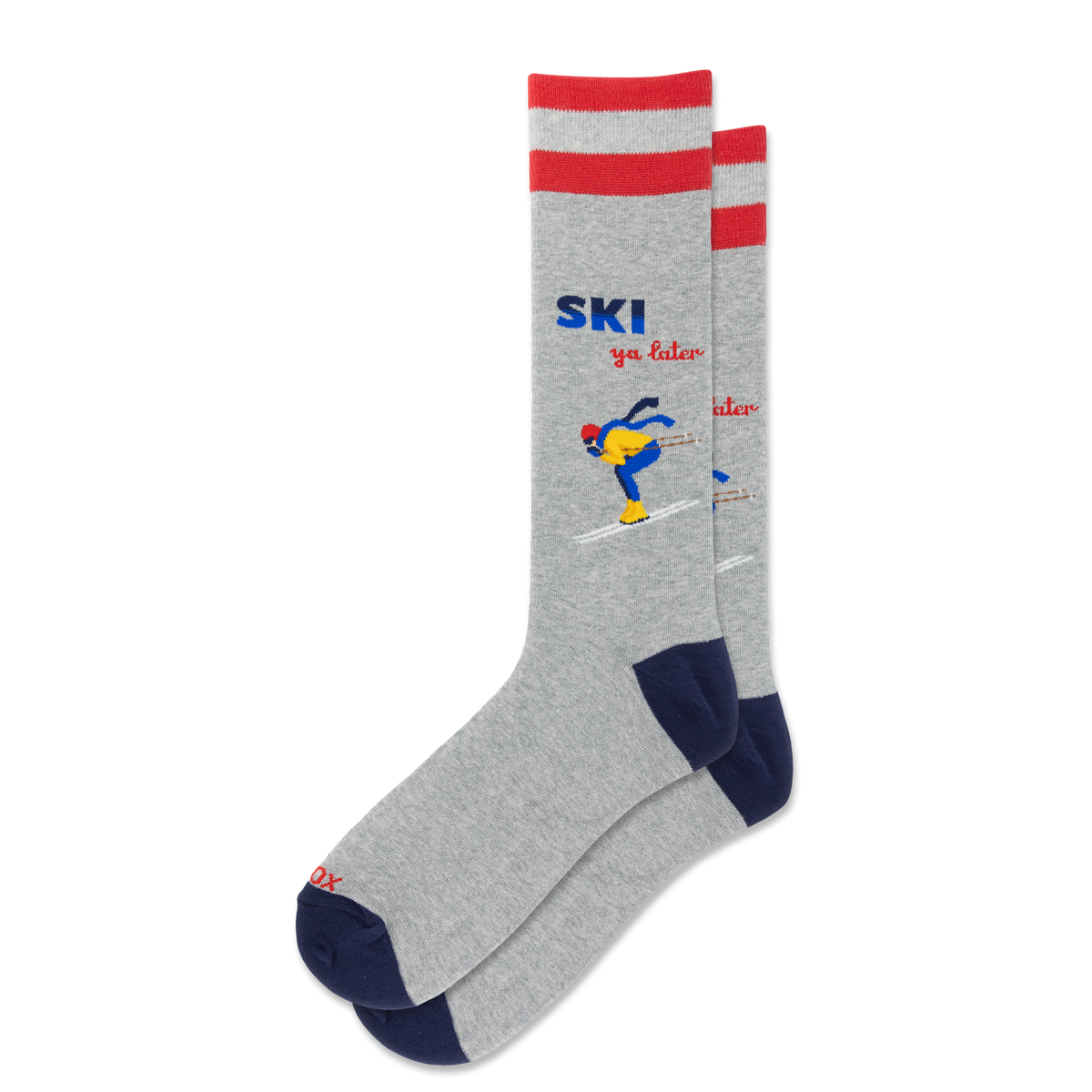 A pair of heather gray crew socks with red stripes at the top, navy blue heels and toes, and a colorful graphic of a skier with the text 'SKI you later' on the front sock, shown against a plain white background.