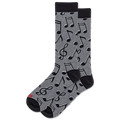 A pair of crew socks with a gray heather body patterned with black musical notes and clefs, featuring solid black heels, toes, and cuffs. A small red logo is visible on the toe.