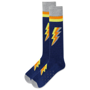 Pair of socks with lightning bolt design on a white background
