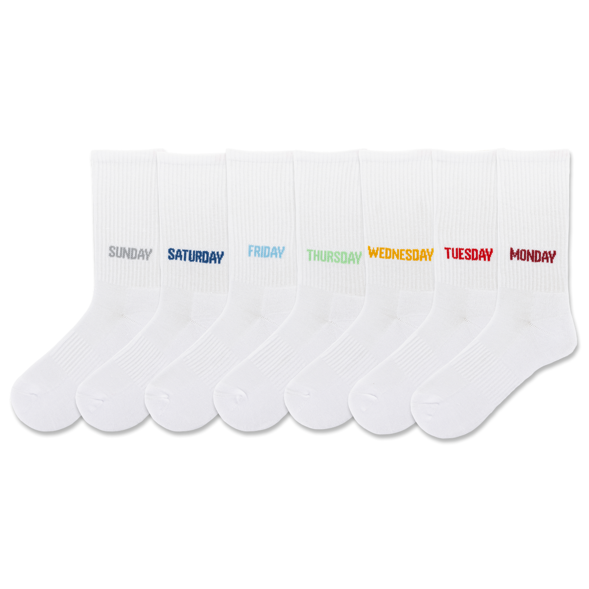 HOTSOX unisex seven pair crew sock pack with solid color socks in white, featuring the day of the week knit into the cuff in gray, navy, light blue, mint green, yellow, red-orange and red.