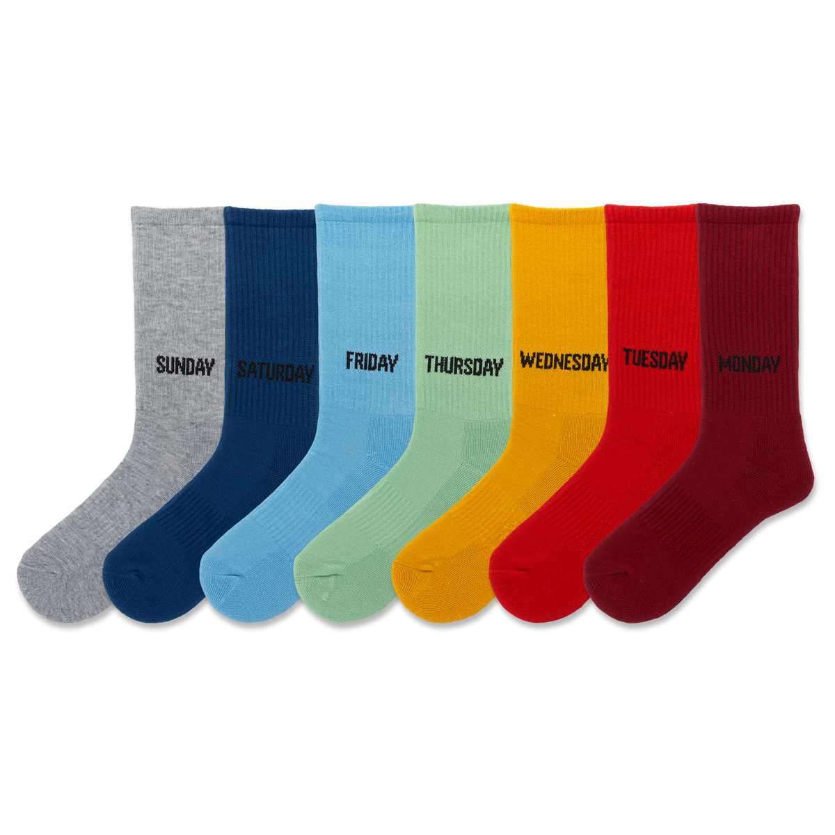 HOTSOX unisex seven pair crew sock pack with solid color socks in gray, navy, light blue, mint green, yellow, red-orange and red, featuring the day of the week knit into the cuff.