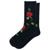 A pair of black crew socks featuring a red rose and green stem pattern, with the brand name 'HOTSOX' printed in red near the toe.
