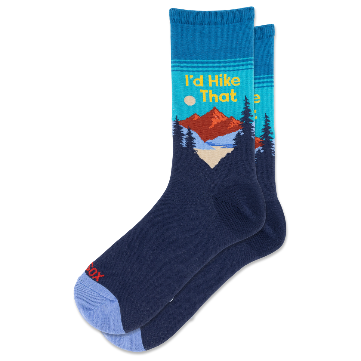 A pair of navy blue crew socks with a colorful graphic of a mountain landscape and the text 'I'd Hike That' on the upper leg, shown on a plain white background.