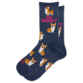 A pair of navy blue crew socks featuring a repeating pattern of corgi dogs and the pink text 'GO SHORTY'.