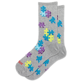 A pair of heather gray crew socks with a pattern of colorful puzzle pieces in blue, purple, and yellow. The brand name 'HOTSOX' is printed in red on the toe area. thumbnail