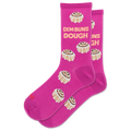 A pair of bright pink crew socks featuring a cinnamon roll pattern and the text 'DEM BUNS DOUGH' in light pink, shown on a plain white background.