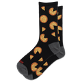 A pair of black crew socks with a repeating pattern of pizza slices missing a corner, resembling the game Pac-Man, with gray heels, toes, and soles. The brand name 'SOX' is printed in red on the toe area.