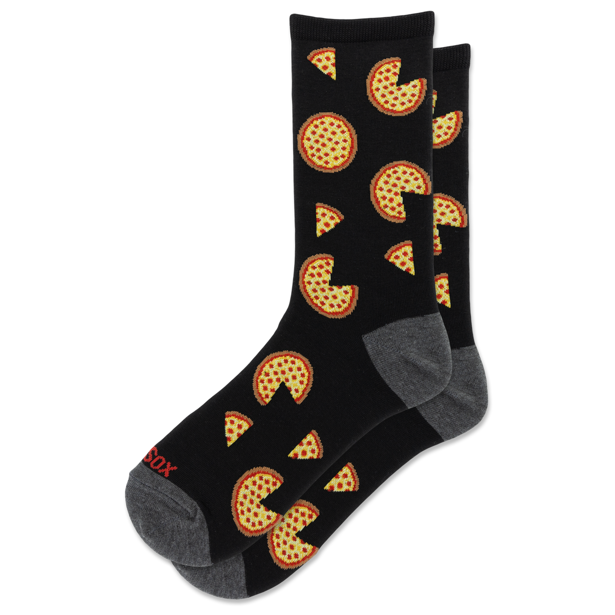 A pair of black crew socks with a repeating pattern of pizza slices missing a corner, resembling the game Pac-Man, with gray heels, toes, and soles. The brand name 'SOX' is printed in red on the toe area.