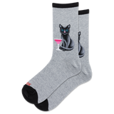 A pair of heather gray crew socks with black cuffs and heels, featuring a graphic of a black cat with blue eyes holding a pink cocktail on the front sock.