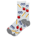 A pair of crew socks with a school-themed pattern featuring red apples, yellow pencils, and blue glasses on a white background with light blue horizontal stripes, set against a plain white background.