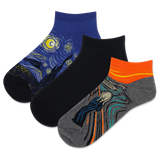 Three pairs of socks with artistic designs on a white background