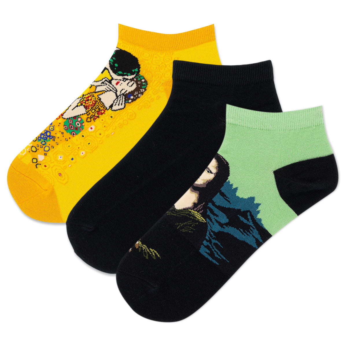Three pair pack of HOTSOX low cut socks featuring Kandinsky's "The Kiss" and Leonardo da Vinci's "Mona Lisa"