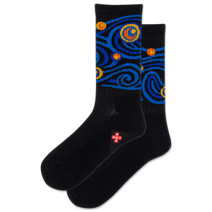 Black socks with a modernized rendition of Van Gog's Starry Night on a white background