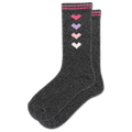 A pair of dark heather gray crew socks with four knitted hearts in pink, purple, light pink, and white down the side, finished with pink and white striped cuffs.
