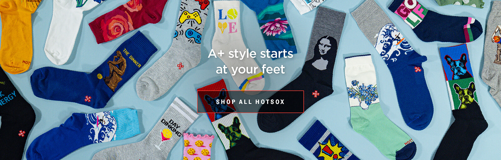 Collection of colorful socks with various designs on a blue background, featuring a call to action to 'Shop All Hot Sox'.