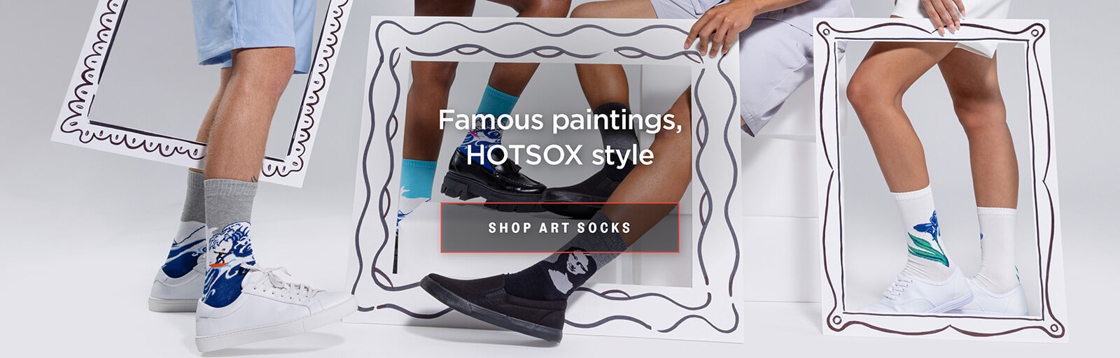 Promotional banner for HOTSOX socks with people wearing them, framed like famous paintings.