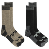 Two pairs of socks, one beige and black, the other black and gray, on a white background.