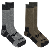 Two pairs of socks, one gray and one brown, with black accents on a white background.