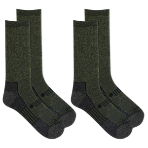 Two pairs of green Jeep socks with black toes and heels on a white background