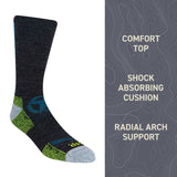 Black sock with green accents on a white background, featuring text about sock features. thumbnail