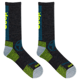 Pair of black socks with green and gray accents on a white background