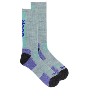 Pair of gray and purple Jeep socks with brand logo on a white background