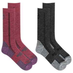 Two pairs of socks, one red and one gray, on a white background