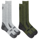 Two pairs of socks, one gray and one green, on a white background.