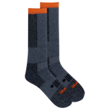 Jeep socks with an orange accent on the cuff and a two-tone, tonal navy color block pattern on the calf.