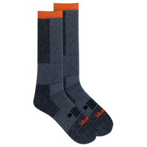 Jeep socks with an orange accent on the cuff and a two-tone, tonal navy color block pattern on the calf.