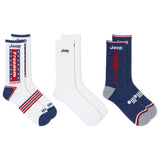 Three pairs of Jeep socks with patriotic designs on a white background