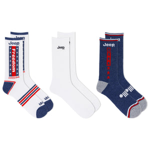 Three pairs of Jeep socks with patriotic designs on a white background