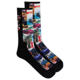 Jeep socks with a print of different illustrations of Jeep vehicles.