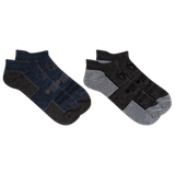 Two pairs of socks, one black and gray, the other blue and gray, on a white background.