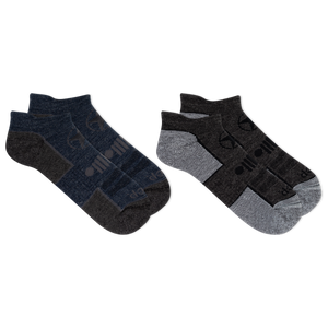 Two pairs of socks, one black and gray, the other blue and gray, on a white background.