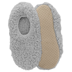 Gray fleece-lined shoe inserts with beige sole on a white background