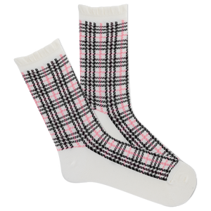 Plaid patterned women's socks with pink and black design on a white background