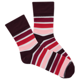 Pair of striped women's socks with red, pink, and brown colors on a white background thumbnail