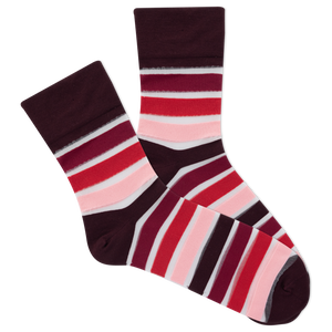 Pair of striped women's socks with red, pink, and brown colors on a white background