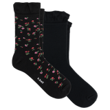 Two pairs of black crew socks with ruffled cuffs, one featuring a small pink and red floral pattern with green leaves, and the other solid black. The brand name 'it bell' is printed on the toe of the patterned sock. thumbnail