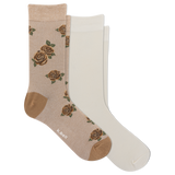 Two pairs of crew socks on a plain white background: one pair is beige with a brown rose pattern and tan heel/toe areas, and the other pair is solid off-white. The brand name 'k-ball' is visible on the patterned sock. thumbnail