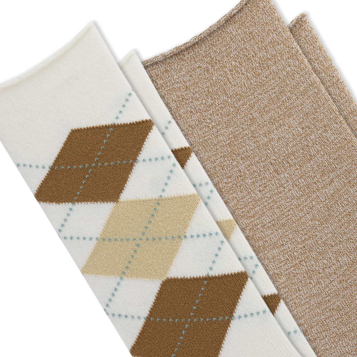 Two pairs of knit socks arranged diagonally on a white background. The front pair is off-white with an argyle pattern in brown, tan, and light blue, and the second pair is a solid heathered beige.
