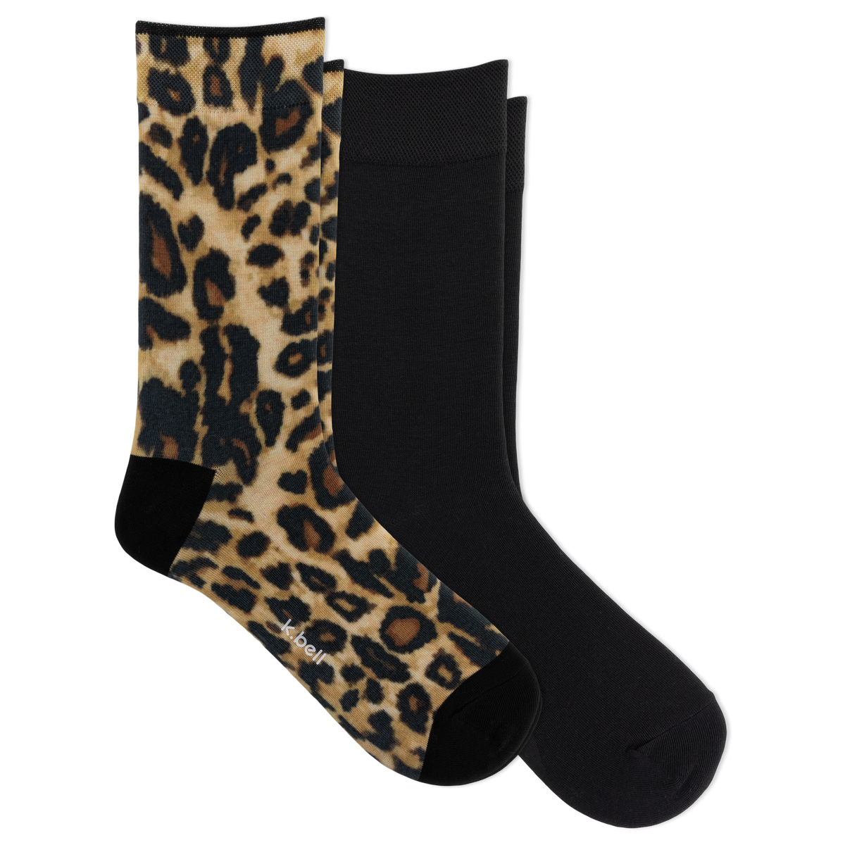Two crew socks shown on a white background: one with a tan, brown, and black leopard print and one solid black.