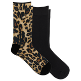 Two crew socks shown on a white background: one with a tan, brown, and black leopard print and one solid black.