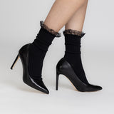 Black pointed-toe high-heeled ankle boots worn with black ribbed socks featuring lace ruffles at the top, shown on a model's legs against a light gray studio background.