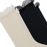 Two ribbed lace-trimmed socks shown diagonally on a white background, one in cream and one in black. thumbnail