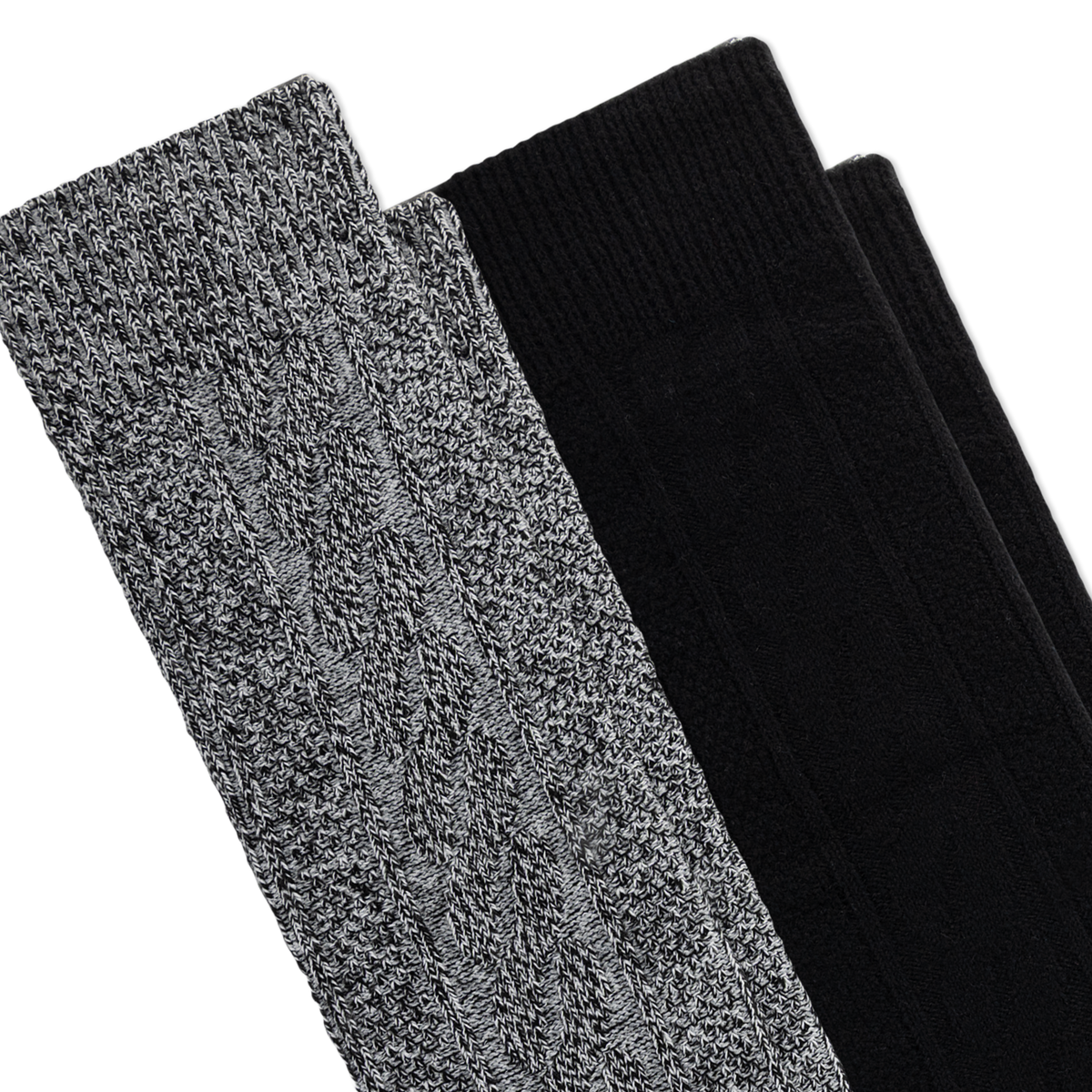 Two pairs of knit boot socks stacked diagonally on a white background, showing a heathered gray-and-black marled texture on the front pair and solid black on the rear pair.