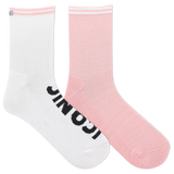 Two socks, one white and one pink, with a brand logo on a white background.